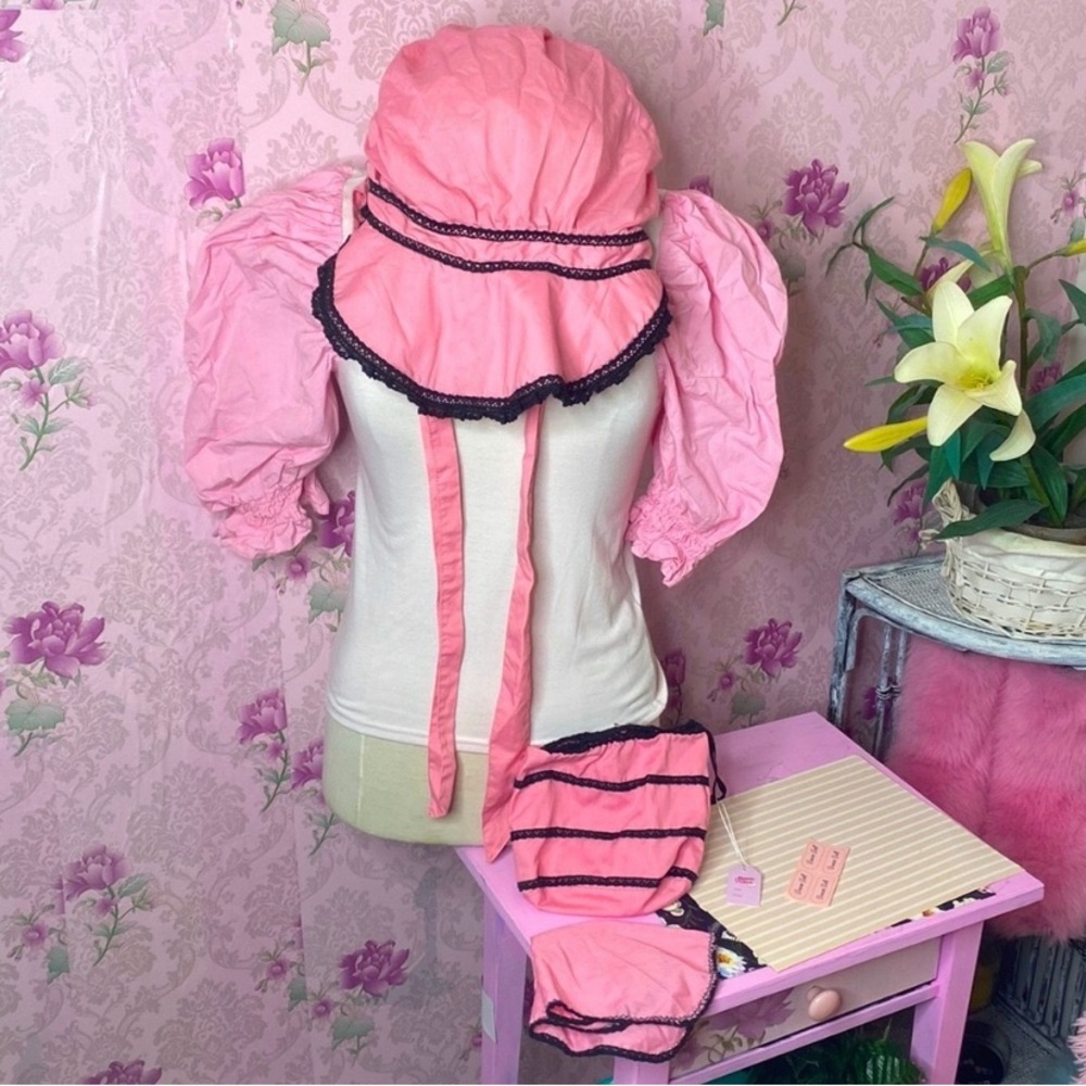 🎀 100% Cotton Pink Sun Hat Bonnet & Handkerchief Set 🎀 w/ Boohoo Puff Sleeve Top